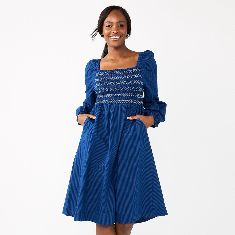 Draper James RSVP Puff Sleeve Smocked Bodice Blue Stripe Dress Size XL